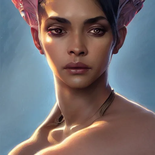 Image similar to beautiful, very strong, mixed race, female, aged 4 0, face, no makeup, head shot, fantasy, highly detailed, digital painting, artstation, concept art, smooth, sharp focus, illustration, art by brom and greg rutkowski and alphonse mucha