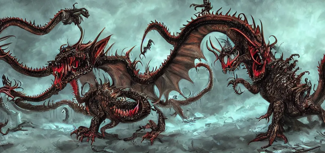 Image similar to concept art of dragon attack, lovecraftian, lots of teeth, melting horror, feathers, fighting the horrors of the unknown with laser guns