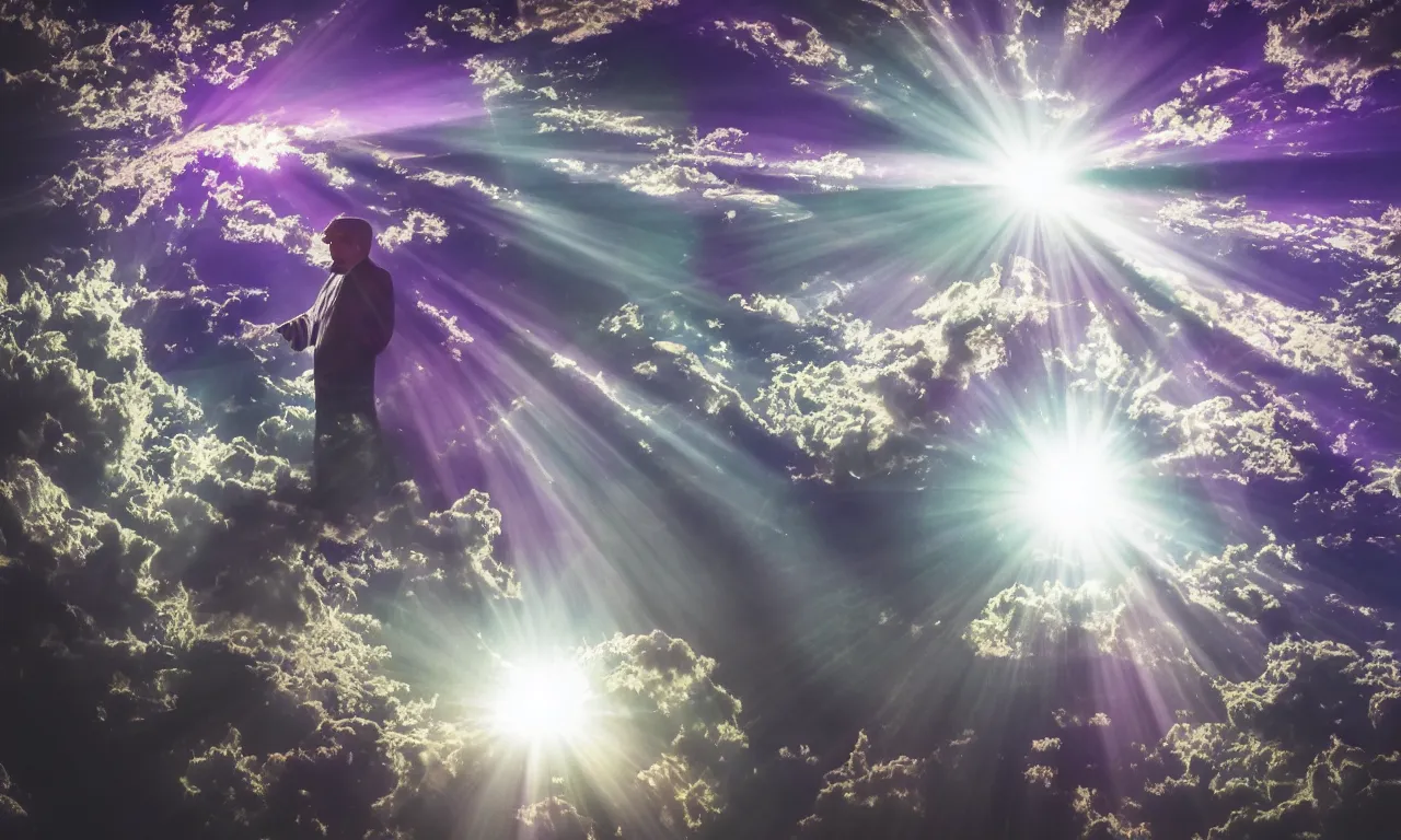 Prompt: a photo of an old man in purple god rays looking sad with a zoomed in fish eye, ultra wide lens, photorealistic, 4 k, 8 k, ultra hd.