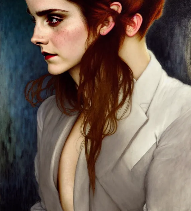 Prompt: emma watson stunning portrait of highly details androgynous ruby rose as desire from sandman, rockabilly style, white suit and black tie,, by egon shiele and alphonse mucha, with influence of jeremy mann, peter lindbergh, dave mckean, maurice sapiro, and frank moth, soft lightning, highly detailed, 8 k