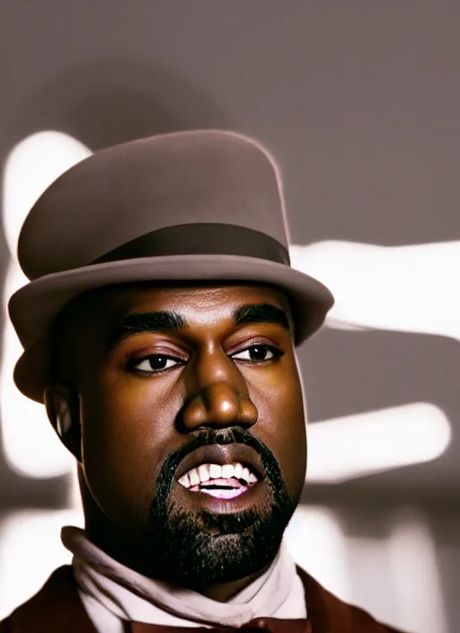 Image similar to portrait kanye west as willy wonka in django unchained, splash art, movie still, cinematic lighting, long lens, shallow depth of field, bokeh, anamorphic lens flare, 8 k, hyper detailed, 3 5 mm film grain