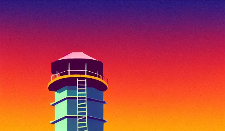 Prompt: a beautiful sharp focus vintage vaporwave ombre vector art rendering, outrun style, of a fire lookout tower on the surface of mars. trending on artstation. recommended for you behance. by edward hopper. by chris moore. beeple colors. ambient occlusion. digital matte painting. metropolis filmic. gotham city. overcast.