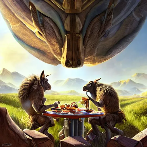 Image similar to ultrarealistic, ultradetailed, donkey eating breakfast, sitting on a futuristic table with aliens, at the end of the universe, very very very ultradetailed, epic fantasy style art, fantasy epic digital art, epic fantasy art, hearthstone style art