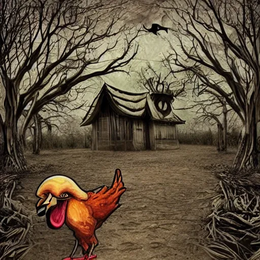 Image similar to Baga Yaga chicken-legged house, Evil Joe Biden, dark and spooky forest