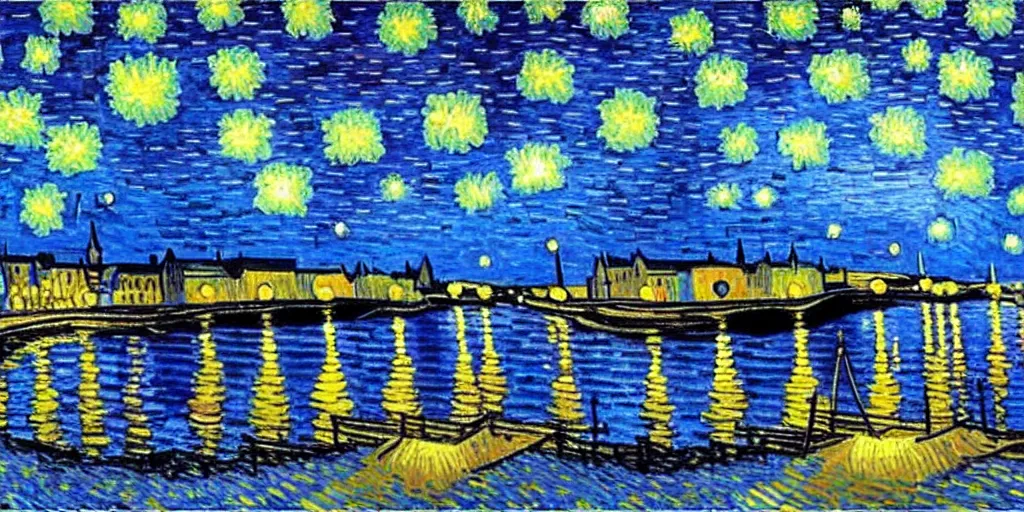 Image similar to a painting of the city of Rostock in the style of Vincent van Gogh, starry night, blue and yellow