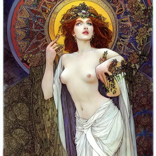 Image similar to beautiful ishtar goddess in long flowy dress, porcelain skin by rebecca guay and mucha