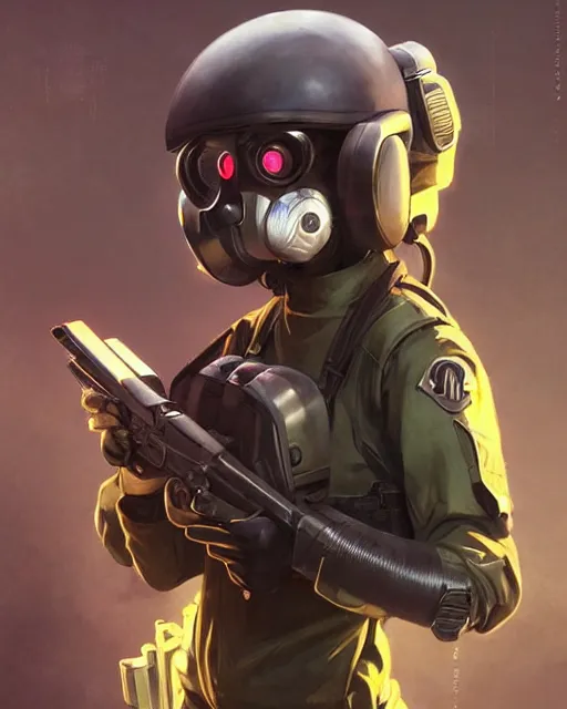 Image similar to anime key visual of a young female swat officer, neon, futuristic gas mask, cyberpunk, futuristic, stunning, highly detailed, digital painting, artstation, smooth, soft focus, illustration, art by artgerm and greg rutkowski and alphonse mucha