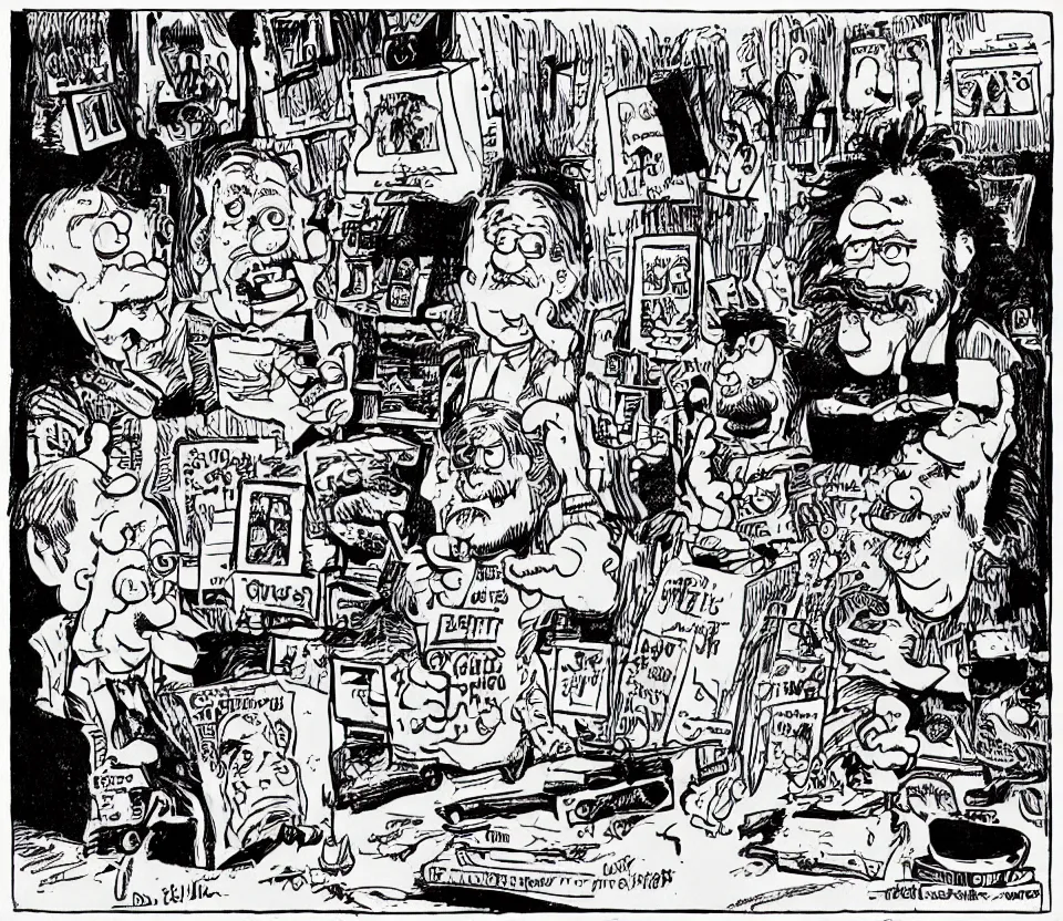 Prompt: r crumb cartoon of bert and ernie as caricaturized humans discovering the truth