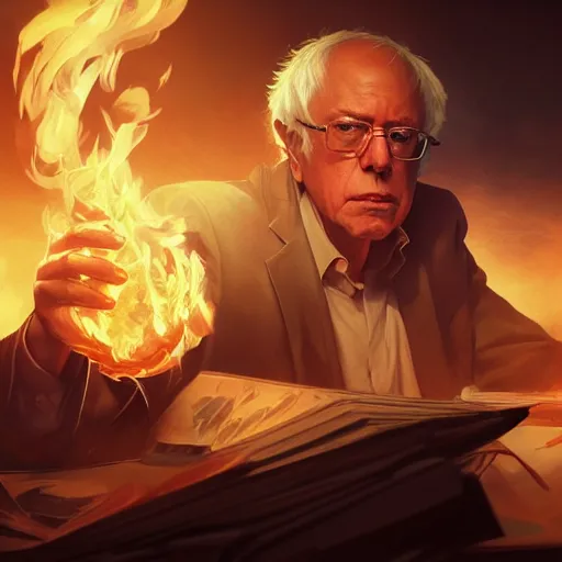 Image similar to portrait of bernie sanders burning money, league of legends amazing splashscreen artwork, splash art, natural light, elegant, photorealistic facial features, intricate, fantasy, detailed face, atmospheric lighting, anamorphic lens flare, cinematic lighting, league of legends splash art, hd wallpaper, ultra high details by greg rutkowski