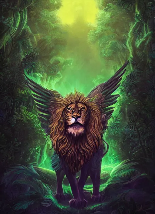 Image similar to portrait of a mythological beast with lion body and bird wings in the middle of a lush forest at night. diffuse neon light, dramatic landscape, fantasy illustration, matte painting