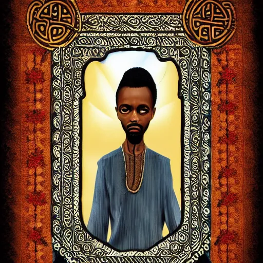 Image similar to east african man, curly hair, muslim man, somali attire, vintage, symmetrical, nostalgic, peaceful, digital painting, intricate details, sharp focus