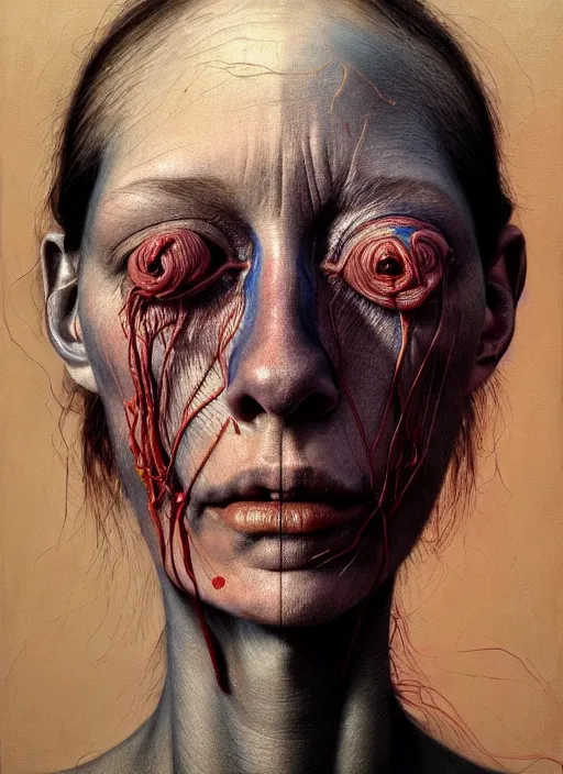 Image similar to there is ugliness in beauty, but there is also beauty in ugliness detailed portrait painting inspired by beksinski and alex gray, accurate anatomy by jenny saville, edward hopper trending on artstation. 8 k