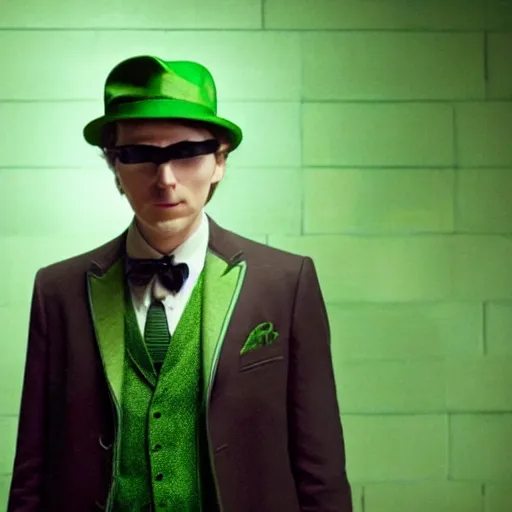 Image similar to film still of Paul Dano as Riddler in a green suit and tie and green fedora in The Batman, 4k, dark lighting, film noir, grainy, dark tone