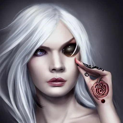 Image similar to Hot young woman, winking, grey skinned, void eyeballs, white hair, tattoos, wearing leather and a white blouse, digital art, concept art, ultra detailed, 4k, 8k