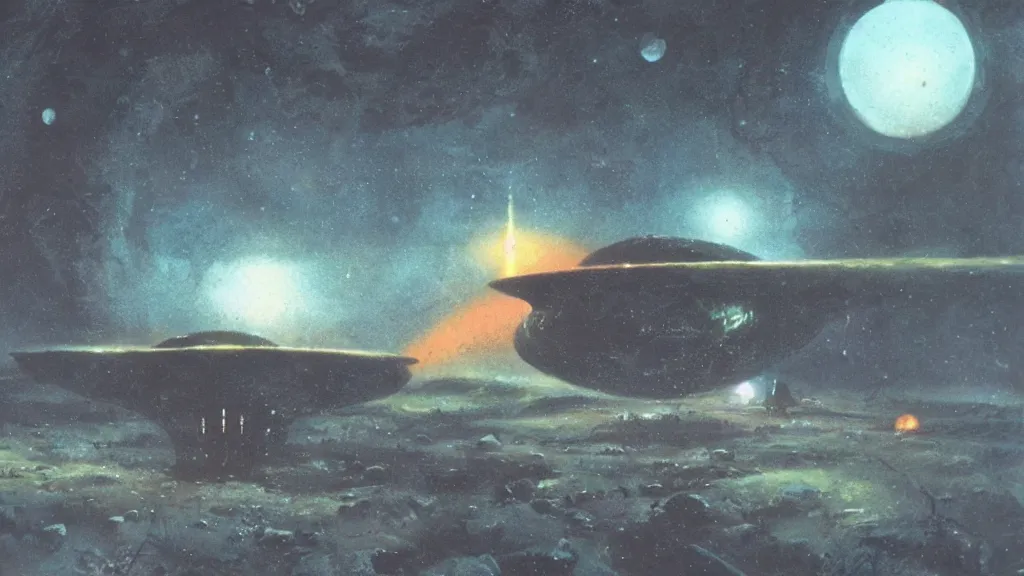 Image similar to eerie atmospheric alien planet with a small dropship pod landing by paul lehr and jack gaughan and john schoenherr, epic cinematic matte painting