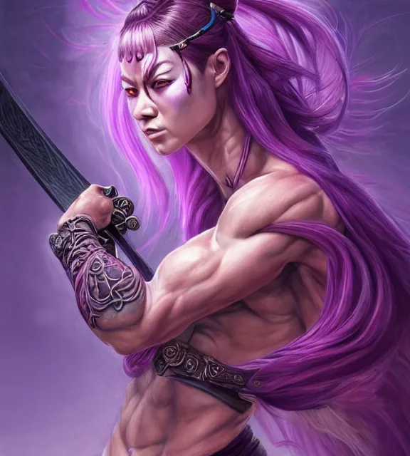 Prompt: muscular female warrior holding hilt of katana, perfect face, diadem, detailed neon tattoos, black halter top, purple hair, abs, cinematic, blush, stunning, athletic, strong, agile, highly detailed, psychedelic, digital painting, artstation, smooth, hard focus, illustration, art by jessica rossier and and brian froud