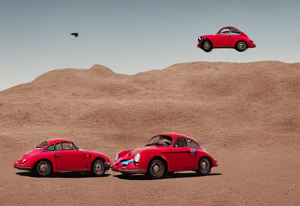 Image similar to “a red porsche 356 is parked in the middle of the desert, a matte painting by Scarlett Hooft Graafland, featured on unsplash, australian tonalism, anamorphic lens flare, cinematic lighting, rendered in unreal engine”