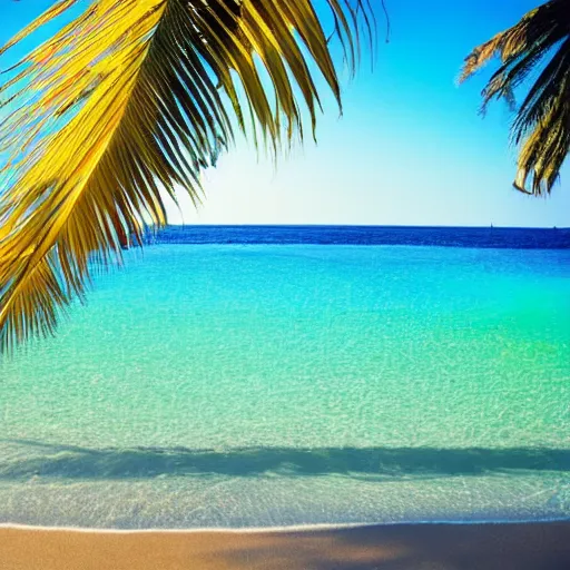 Prompt: beach palm tree sun clear and transparent water