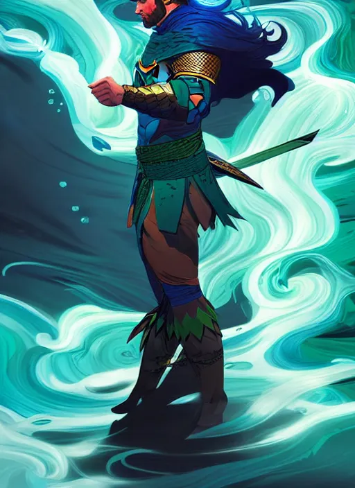 Image similar to style artgerm, joshua middleton, henry cavill as a warrior monk wearing green pelt light armor, blue hair, swirling water cosmos, fantasy, dnd, cinematic lighting