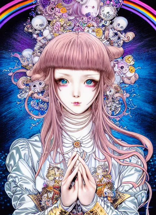 Image similar to highly detailed terada katsuya ayami kojima atrstation manga poster of princess mechine, rainbow gradient reflection, cute face by artgerm, long hair, armor, dress, laces, ruffles, 8 k, maximalist, jump comics