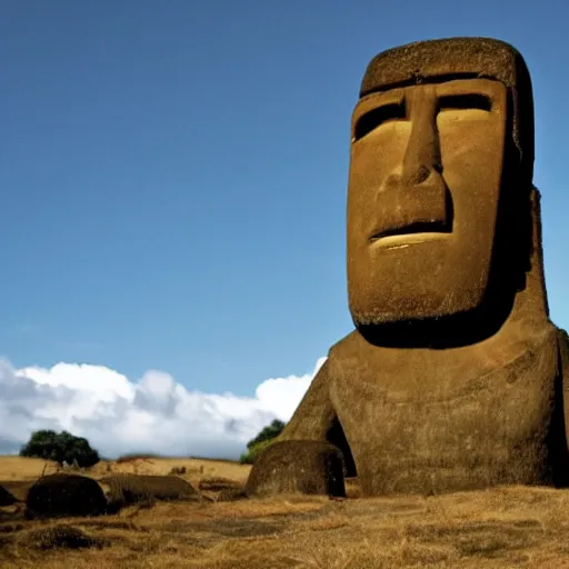 Image similar to man with a moai head doing a kickflip over the words'off - topic