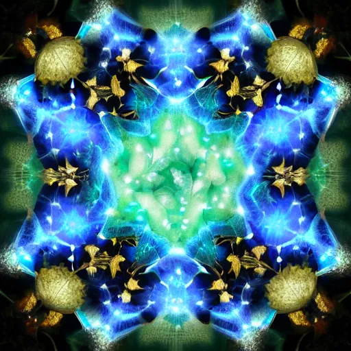 Prompt: thousand glowing butterflies of eldritch origami hexality fractal, magical sunflower halo, eternal revelation, artstation, untamed perfection depth shader, opposed symmetry | mysterious colorful micro hexaflexagon of the faerie realm, artstation 1970s | the glossy blue quartz tower crystal cluster on garden | opposed symmetrical hexagonal glossy gold lens flare of light complex fractal by ross tran, artstation CGSociety