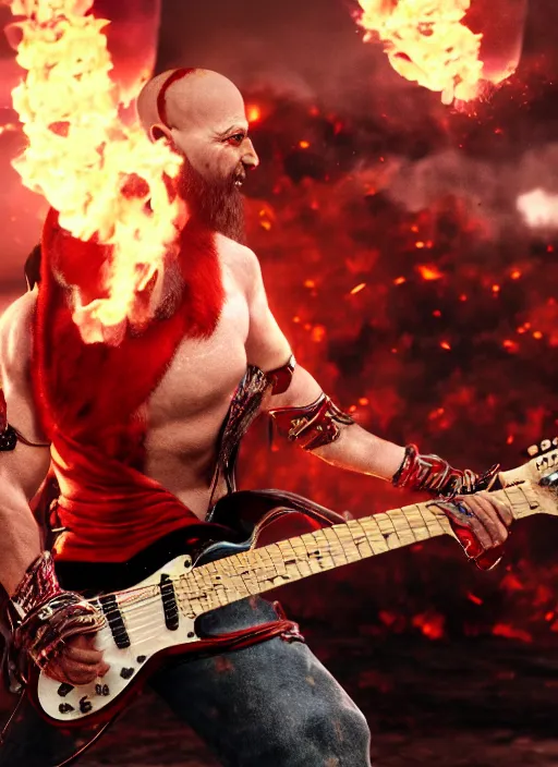Prompt: sunglasses kratos shredding on a flaming stratocaster guitar, cinematic render, god of war 2 0 1 8, santa monica studio official media, sunglasses, lightning
