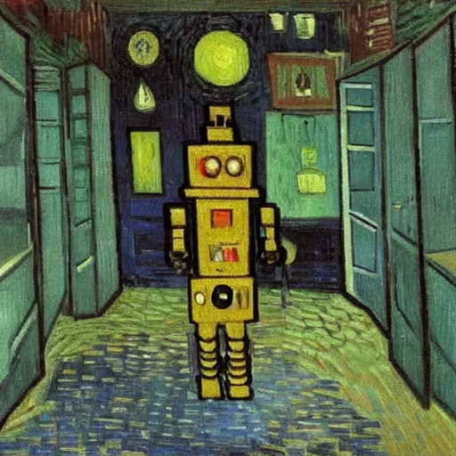 Image similar to A robot walking in the backrooms, painted by Vincent Van Gogh