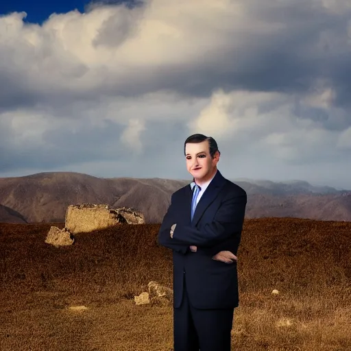 Prompt: a glamour shot of ted cruz with background scenery by ewin olaf