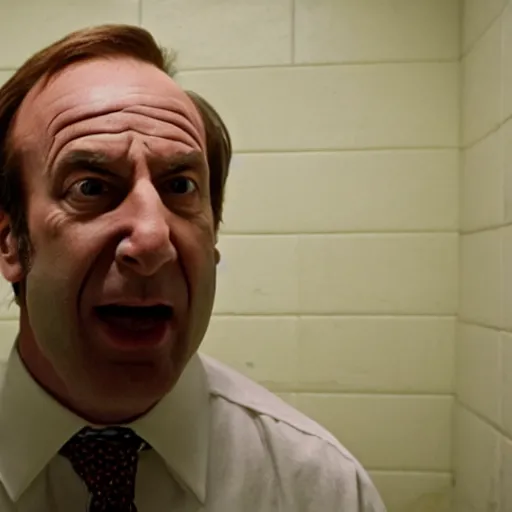 Image similar to Saul Goodman chained in an asylum room, claustrophobic, camera recording