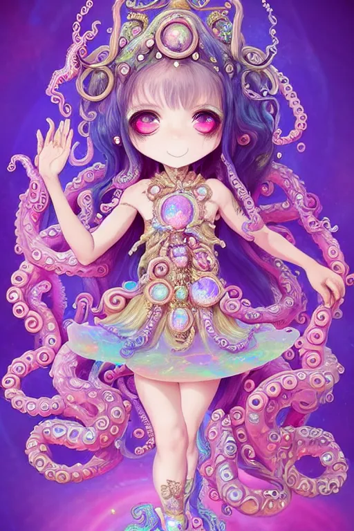 Image similar to A full body shot of a cute young magical girl wearing an ornate dress made of opals and tentacles. Chibi Monster GIrl. Subsurface Scattering. Dynamic Pose. Translucent Skin. Rainbow palette. defined facial features, symmetrical facial features. Opalescent surface. Soft Lighting. beautiful lighting. By Giger and Ruan Jia and Artgerm and WLOP and William-Adolphe Bouguereau and Loish and Lisa Frank. Fantasy Illustration. Sailor Moon. Masterpiece. trending on artstation, featured on pixiv, award winning, cinematic composition, dramatic pose, sharp, details, Hyper-detailed, HD, HDR, 4K, 8K.