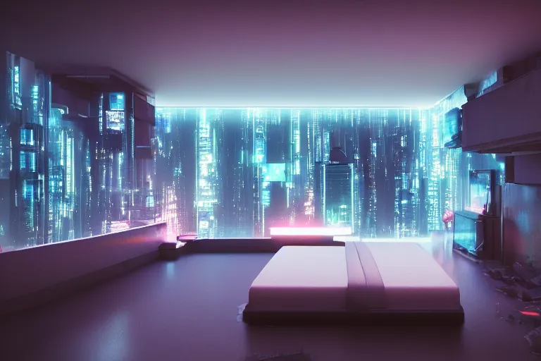 Image similar to futuristic bedroom, brutalist, ceiling high windows, cyberpunk, cityscape, neon lights, night, raining, volumetric light