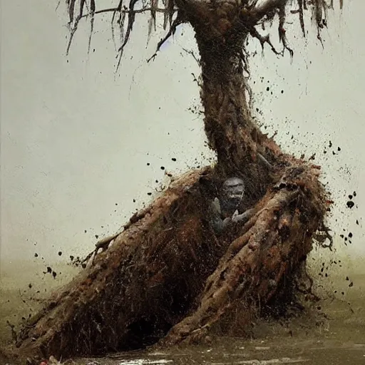 Image similar to painting by jakub rozalski of a muddy rooted humanoid creature with a big hole in the head