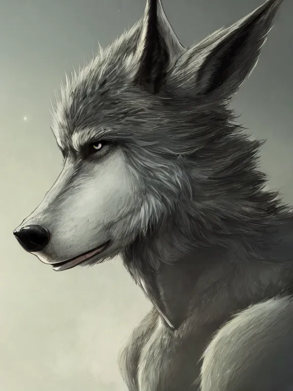 Image similar to 3/4 headshot of cute anthro wolf man, D&D, handsome, fantasy, intricate, long snout, donkey ears, fursona, black hair, elegant, highly detailed, digital painting, artstation, concept art, smooth, sharp focus, illustration, art by artgerm and greg rutkowski and alphonse mucha