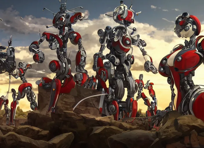 Image similar to a group of robots find the ancient resting place of their noble leader, digital painting masterpiece, advanced lighting technology, stylized yet realistic anatomy and face, gorgeous, by shigenori soejima and bastien vives and balak and michael sanlaville, 4 k wallpaper, cinematic, gorgeous brush strokes, coherent and smooth