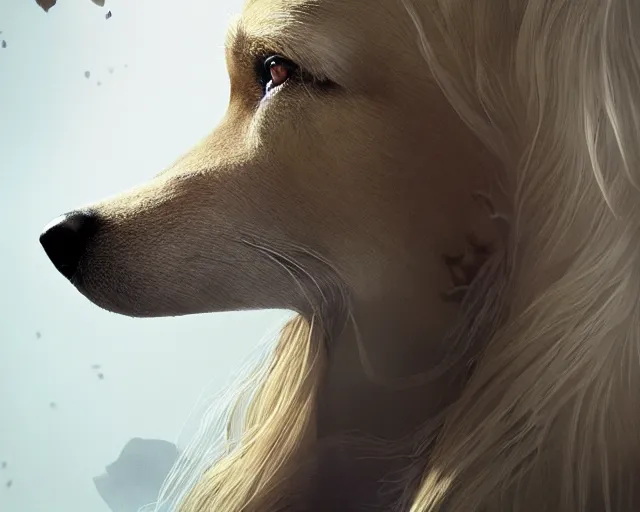 Image similar to epic cinematic shot of beautiful scandinavian woman with symmetrical face stunning eyes and long blonde hair playing with german shephard dog, weta disney pixar, hi - fructose, decadent highly - detailed digital painting, golden ratio, octane render, artstation, cinematic composition, smooth, sharp focus, artgerm, mucha, loish, wlop hdr