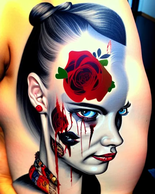 Image similar to horror with blood, rose and a pistol with sea and ocean in the background intricate details side profile by Sandra Chevrier