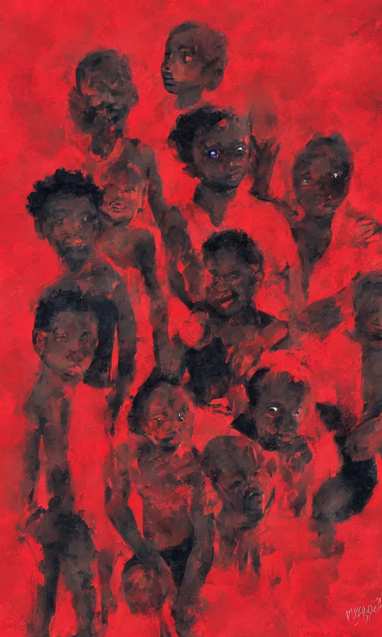 Prompt: black kids mixing with together in a cloudy red abstract background , a detailed painting by Naudline Cluvie Pierre, trending on artstation