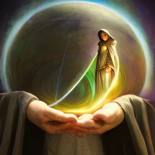 Image similar to the creator of worlds wearing a cloak and holding a holographic planet projection in his hand, detailed, sci - fi, digital painting, artstation, sharp focus, illustration, ominous, artgerm, tomasz alen kopera, peter mohrbacher, donato giancola, joseph christian leyendecker, wlop, frank frazetta