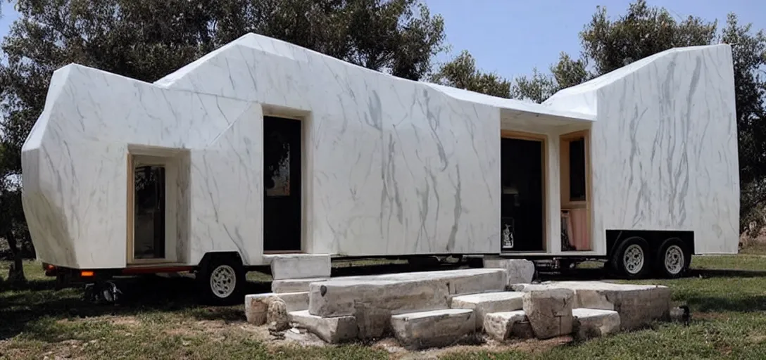 Image similar to greek tiny house on trailer that looks like the parthenon made of marble designed by iktinos and callicrates.