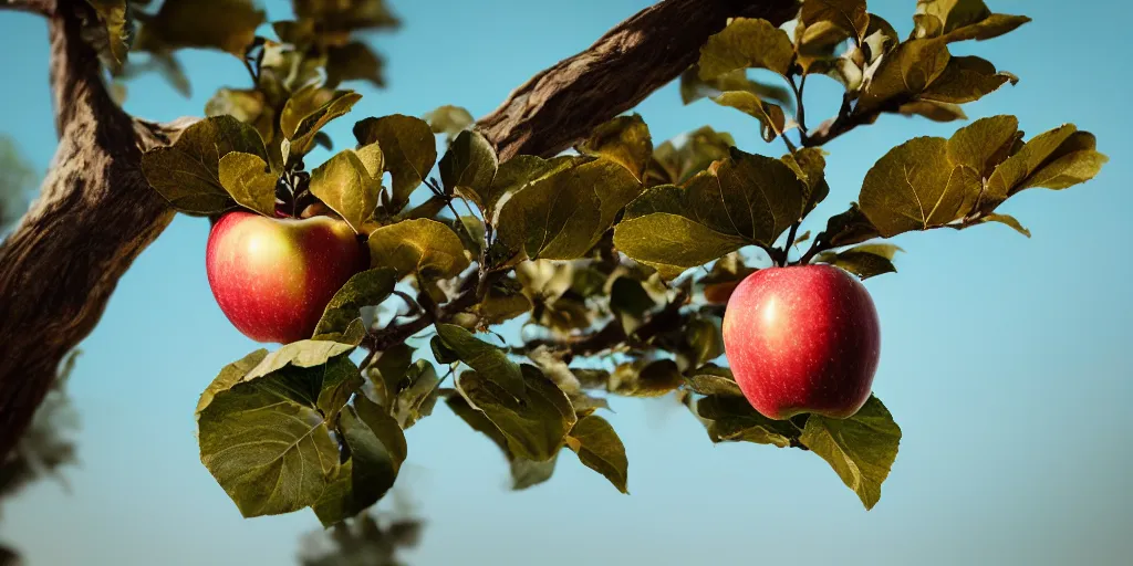 Image similar to a close - up photographic picture of an apple on a tree, photographic filter, unreal engine 5, realistic, hyperdetailed, 8 k, cinematic, volumetric lighting, very realistic effect, hd, hdr, 4 k, sharp focus, octane render, ultra detailed, high resolution, trending on artstation in the style of albert dros glowing rich colors powerful imagery