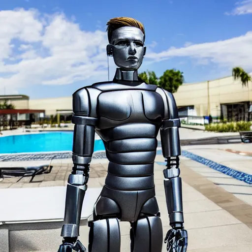 Image similar to a realistic detailed photo of a guy who is an attractive humanoid who is half robot and half humanoid, who is a male android, wrestler bryce meredith, shiny skin, posing like a statue, blank stare, by the pool, on display, showing off his muscles, humanoid robot, frozen ice statue