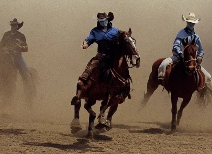 Image similar to a cowboy horse chase vigilantes with face masks disguise, shoot out, exploding horse wide shot, from the hit 1 9 9 0 s tv show on tnt