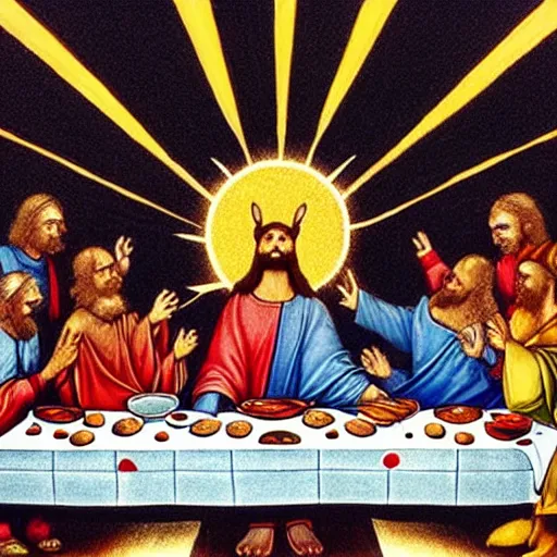 Image similar to Pikachu instead of Jesus at the Last Supper by Leonardo da Vinchi