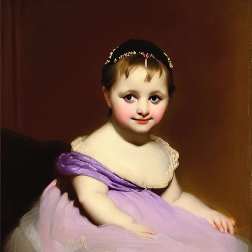 Image similar to portrait of a german toddler princess sitting down in a silk lavender gown, circa 1 8 3 7, by carl joseph begas, highly detailed, beautiful, oil on canvas, 1 8 3 0 s, romanticism