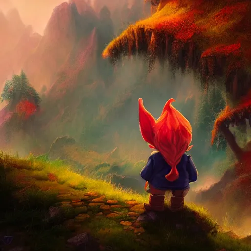 Image similar to a gnome looking for a new adventure in a colorful fantasy world, beautiful landscape, dramatic lighting, cinematic, establishing shot, extremly high detail, photorealistic, cinematic lighting, post processed, concept art, artstation, matte painting, style by greg rutkowsky