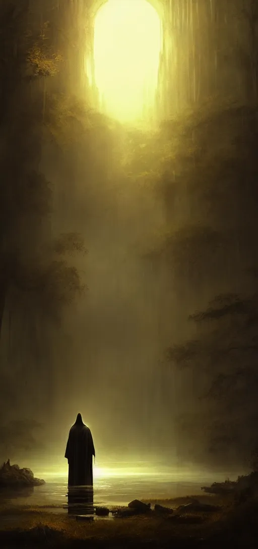 Image similar to photo of mystery figure in a long robe looks into the camera, dark fantasy, cinematic, volumetric lighting, epic composition, high detail, dark fantasy, sunset, swamp, digital art painting by greg rutkowski