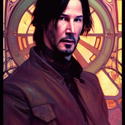 Image similar to full portrait of cyberpunk keanu reeves, sci - fi, d & d, intricate, detailed, by by alphonse mucha, adolfo hohenstein, alice russell glenny, stanley artgerm lau, greg rutkowski, detailed, trending on artstation, trending on artstation, smooth