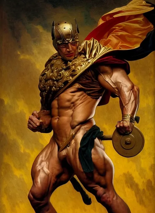 Image similar to renaissance painting of aggressive dc hourman, d & d, golden age, muscular! athetic slim bodybuilder, yellow and black, fantasy, intricate, elegant, highly detailed, digital painting, artstation, concept art, smooth, sharp focus, illustration, art by artgerm and greg rutkowski and alphonse mucha and alex ross