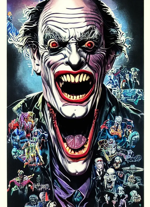 Prompt: christopher lloyd as the joker, big smile, grotesque, horror, high details, intricate details, by vincent di fate, artgerm julie bell beeple, 1 9 8 0 s, inking, vintage 8 0 s print, screen print